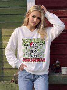 Women's Ugly Christmas Skeleton Print V-Neck Long Sleeve Pullover Sweatshirt, Autumn Holiday Ribbed Knit Top - White - View 3