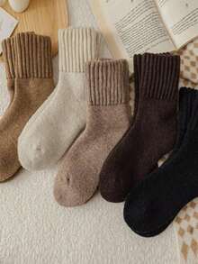5 Pairs Women's Winter Warm Thick Knitted Retro Casual Boat Socks, Fuzzy Socks, Suitable For Snow Boots Or Ankle Boots, Available In 2/6/10 Pieces - Multicolor - View 1