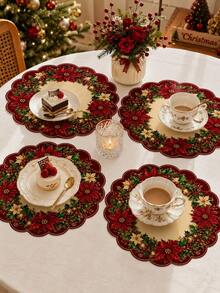 Red Poinsettia Christmas Placemat, White Christmas Flower, Holly Leaf, Berry And Golden Bell Wreath Print Table Mat, Suitable For Christmas Dinner, Family Gathering, Table Setting And Holiday Home Decor - Multicolor - View 3