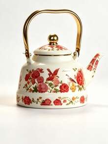 Elegant Rose & Bird Print Enamel Tea Kettle, Golden Handle, Food , Stovetop Compatible, Drip-Free Spout, Perfect For Ramadan, Eid, Guest Serving & Home Table Decor, Multiple Capacities - Peony Bird Pear-shaped Teapot - View 10