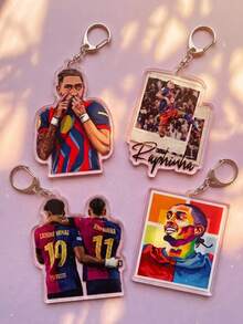 1Pc/4Pcs Raphinha Themed Acrylic Keychains, Featuring Celebration Action Illustration, Photo Frame, Jersey Back View Group Photo And Colorful Pop Art Portrait Design, Fashion Bag Charm, Suitable For: Back To School, Gift For Football Fans, Exquisite Collection, All Season Wear. - Multicolor - View 2