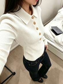 Women's Autumn/Winter Oversized Collar Knit Sweater, Slim Fit Flattering Long Sleeve Base Layer, Minimalist Solid Color All-Match Style White - White - View 3