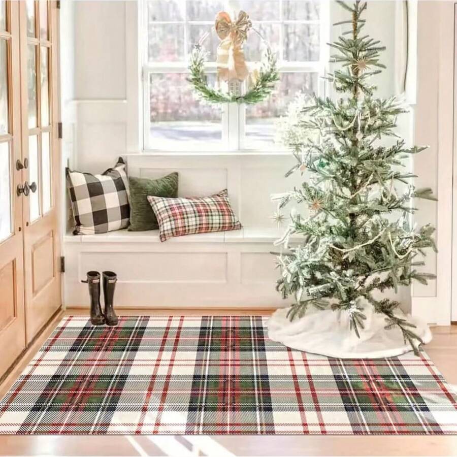 Christmas Entryway Rug - Small Washable Indoor/Outdoor Doormat, Suitable For Front Door, Porch, Holiday Plaid Pattern, Perfect For Living Room, Bedroom, Entryway, Kitchen, Office, Porch Decor - C - View 1