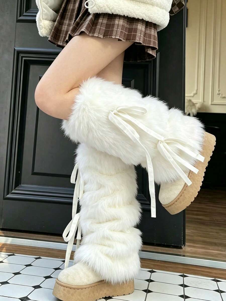 Fuzzy Warm Leg Warmers White Bow Decor Faux Fur Leg Sleeves Y2K Gothic Style Boot Covers Suitable For Party, Cosplay, Winter Outfit - Multicolor - View 1