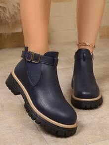 Women's Casual British Style Ankle Boots, Spring/Autumn Leather Belt Buckle Boots - Navy Blue - View 1