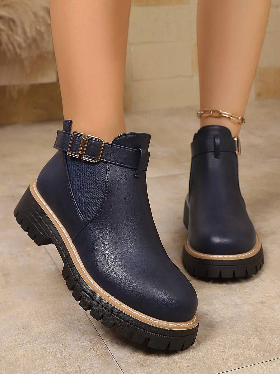 Women's Casual British Style Ankle Boots, Spring/Autumn Leather Belt Buckle Boots - Navy Blue - View 1