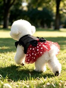 1pc M Size Dog Cat Vintage Dress Red Polka Dot Black Mesh, Ruffle Flutter Sleeve Suspender Strap Satin Bow Tulle Tutu Skirt, Cute Retro For Spring Summer Party Birthday Photo Shoot, Suitable For 3-4kg - Multicolor - View 7