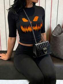 Women's High Neck Short Sleeve Pumpkin Print Cropped Knit T-Shirt, Autumn Essential - Black - View 2