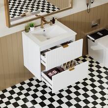 Wall-Mounted Vanity Unit 61*46*57 Cm, Fully Lacquered MDF, Two Soft-Close Drawers, Drawer Fronts With Horizontal And Vertical Patterns, Integrated Sink, White - White - View 3