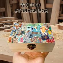 1pc Wooden Storage Box, Travel Theme Gift Box With Illustration, Small Keepsake Box For Souvenir Storage, Memory Preservation, Desk Organization, Modern Home Decor - Multicolor - View 1
