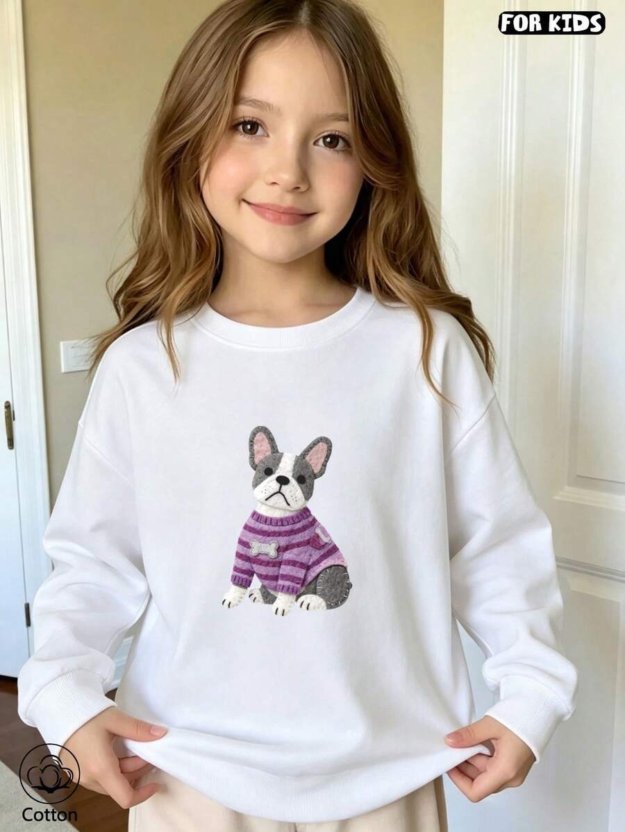 Cute Cartoon Dog Printed Children's Hoodie, Loose And Breathable Casual Top, Suitable For Daily Home And Outdoor Wear In Spring And Autumn - White - View 1