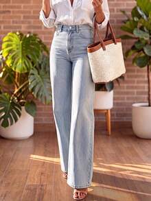 Plus Size Women's Straight Leg Loose Casual Versatile Denim Jeans With Pockets - Light Wash - View 5