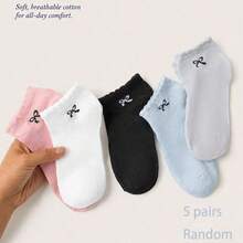 5 Pairs Random Women's Bow Embroidery Ruffle Ankle Socks, Cute Lettuce Trim Soft Breathable Low Cut Casual Socks - Multicolor - View 8
