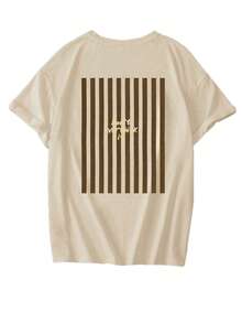 Women's Vintage Style Apricot Polyester Short Sleeve Round Neck T-Shirt, Horizontal Stripe Print Street Style Top Casual Summer - Asaan - View 7
