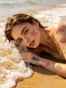 10/6/3pcs Temporary Tattoo Stickers, Combining Colorful Glitter Hibiscus And Marine Life, Vibrant And Realistic Colors, Suitable For Men And Women For Vacation, Travel, Gathering, Party, Daily Use, Waterproof And Durable, Random Styles - Multicolor - View 3