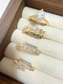Set 4 Cincin Terbuka Asimetris Emas Elegan Bertabur Berlian Imitasi Gaya Prancis, Cincin Desain Minimalis Mewah Serbaguna untuk Wanita, Cocok untuk Pemakaian Sehari-hari, Liburan, dan Perjalanan. - Set cincin 4 buah - View 7
