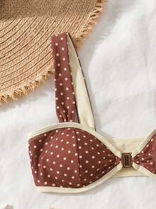 Women's Elegant Sweet Style Coffee Brown Polka Dot Swimsuit, Suitable For Spring/Summer Beach Vacation, Seaside Activities And Fashionable Holiday Outfits - Multicolor - View 5
