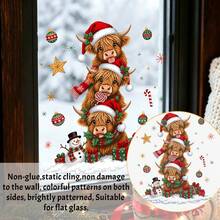 1/3pcs Cute Christmas Highland Cow Window Stickers, Double-Sided Visible PVC Static Cling Glass Decals, Suitable For Winter Holiday Party Window Display - Multicolor - View 4