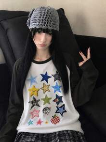 Y2K Sweet & Cool Style 1pc Women's Contrast Color Raglan Sleeve Colorful Cartoon Star Print Pattern Casual Versatile Loose Slimming Daily Street Date Long Sleeve T-Shirt Top - White - View 3