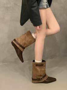 Women's Plus Size Black Pointed Toe Ruched Ankle Boots, Gold Square Buckle Lace-Up Flat Boots, Suitable For Daily Street Style Autumn/Winter Outfits - Brown - View 3