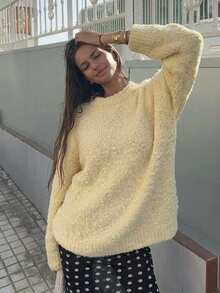 Solid Color Round Neck Loose Fit Long Sleeve College Style Women's Sweater, Autumn/Winter - Apricot - View 2