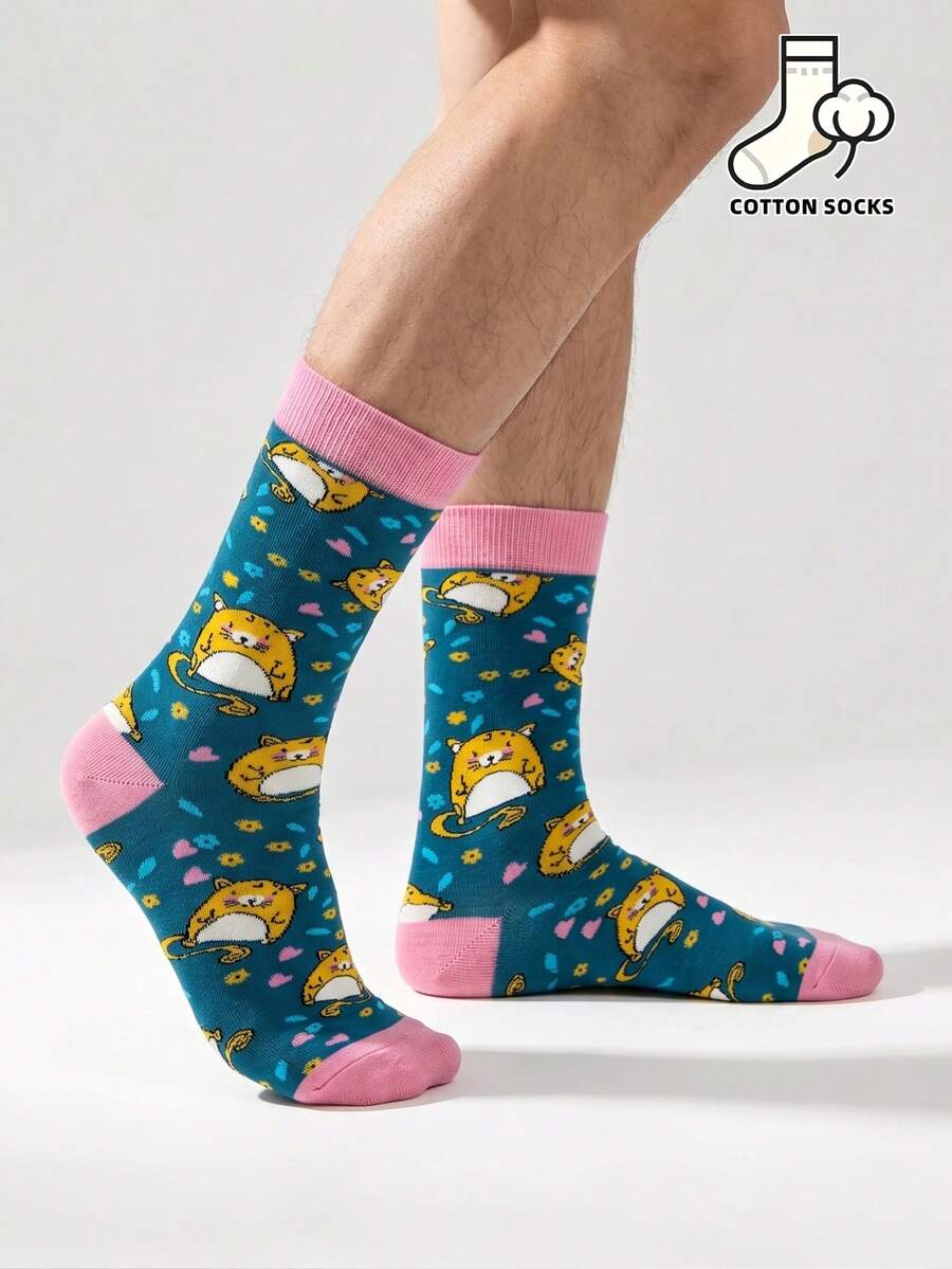 1 Pair Cute Cat Pattern Socks, Green Base With Colorful Heart And Floral Design, Casual Mid-Calf Socks, Unisex - Multicolor - View 1
