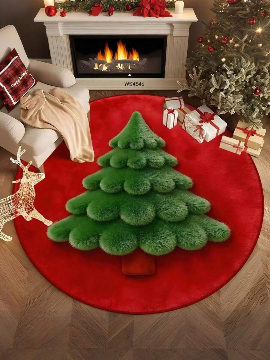 Karpet Bulat Berumbai Warna Burgundy untuk Natal, Motif Kotak-kotak, Boneka Salju, Kue Jahe, Hadiah Permen Tongkat, Karpet Mewah - MultiWarna - View 1