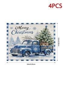 Christmas Table Runner Blue And White Striped Border Watercolor Vintage Blue Truck Snowy Pine Tree Pine Cone Wooden Box Pattern Merry Christmas Lettering Rustic Farmhouse Winter Wonderland Holiday Dining Table Decor Kitchen Party Home Indoor - Multicolor - View 13