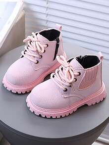 Cool Streetwear Boys Girls Combat Style Boots Thick Rope Laces Patchwork Design Heavy Bottom Fashion Shoes For Toddlers Daily Wear - Pink - View 5