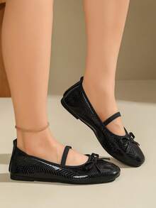 Women's Vintage Ballet Style Bow Snake Print Square Toe Single Strap Flat Shoes - Black - View 6