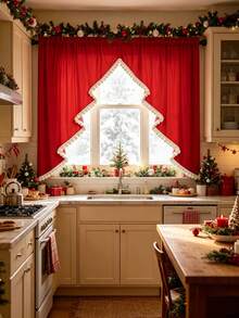 1PC American Christmas Hollow Christmas Tree Coffee Curtain, Plaid Trim Dark Green Half Curtain, Rod Pocket Style, Kitchen Small Window Holiday Decor Short Valance - Red - View 3