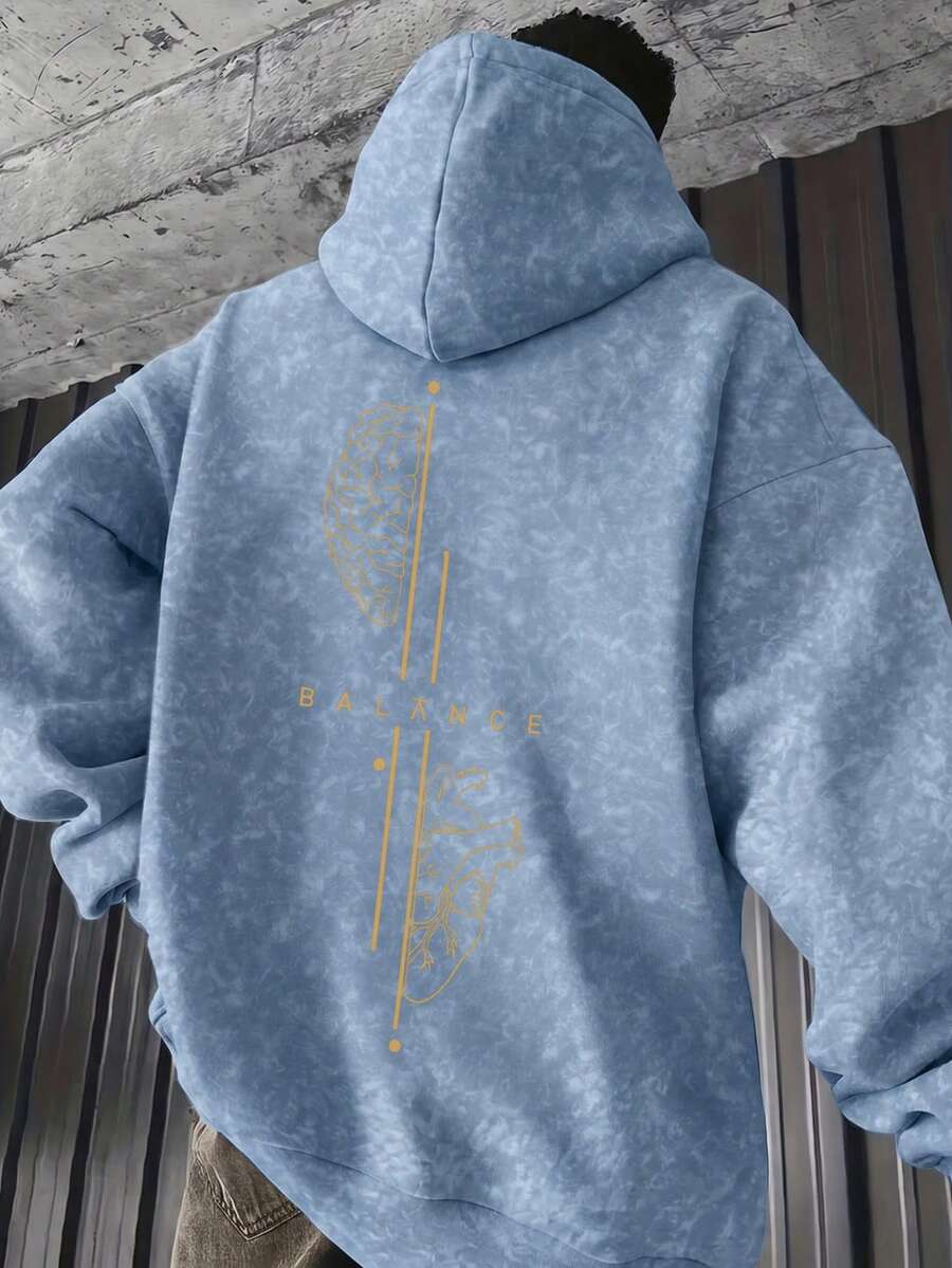 Áo hoodie nam giặt mài rách in hình BALANCE Brain & Heart, có túi kangaroo và dây rút - Màu xanh nhạt - Xem 1