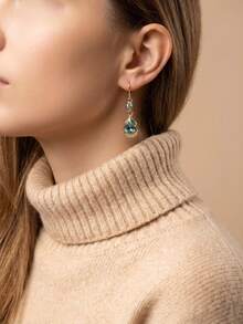 1 Pair Women's Blue Crystal Teardrop Pendant Earrings, Gold Hollow Frame Rhinestone Pendant Earrings, Elegant Party Evening Jewelry - Light Blue - View 2