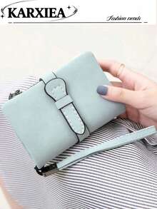 Women's Matte Short Snap Wallet With Portable Wrist Strap, Multi-Card Slot Slim Design, Can Store Coins, Bank Cards, And IDs Simultaneously, Gentle Style Exquisite Small Leather Wallet - Green - View 1