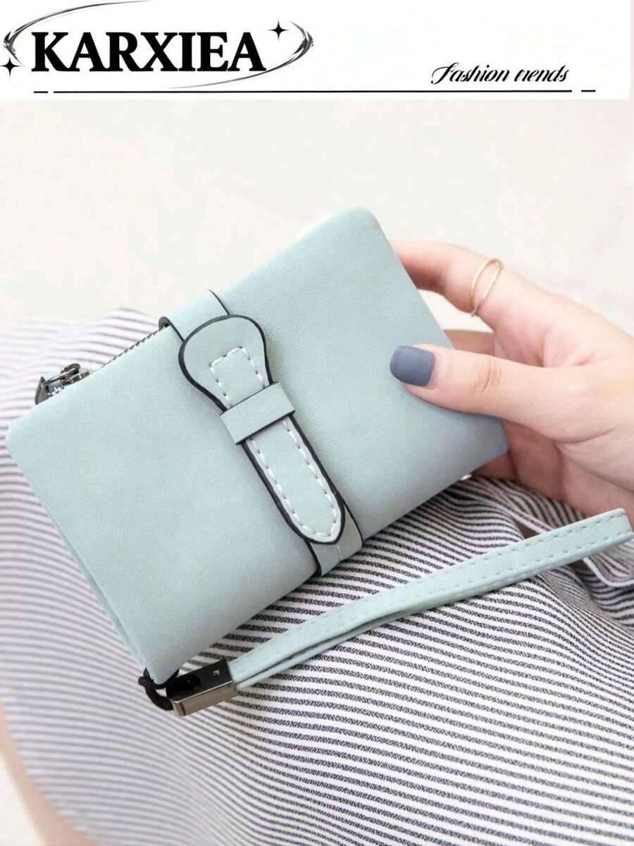 Women's Matte Short Snap Wallet With Portable Wrist Strap, Multi-Card Slot Slim Design, Can Store Coins, Bank Cards, And IDs Simultaneously, Gentle Style Exquisite Small Leather Wallet - Green - View 1