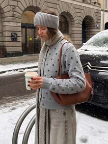 Women's Grey Star Print Cardigan Long Sleeve Round Neck Button Front Sweater Winter Fashion High Elasticity Ribbed Knit Hem Top - Grey - View 1