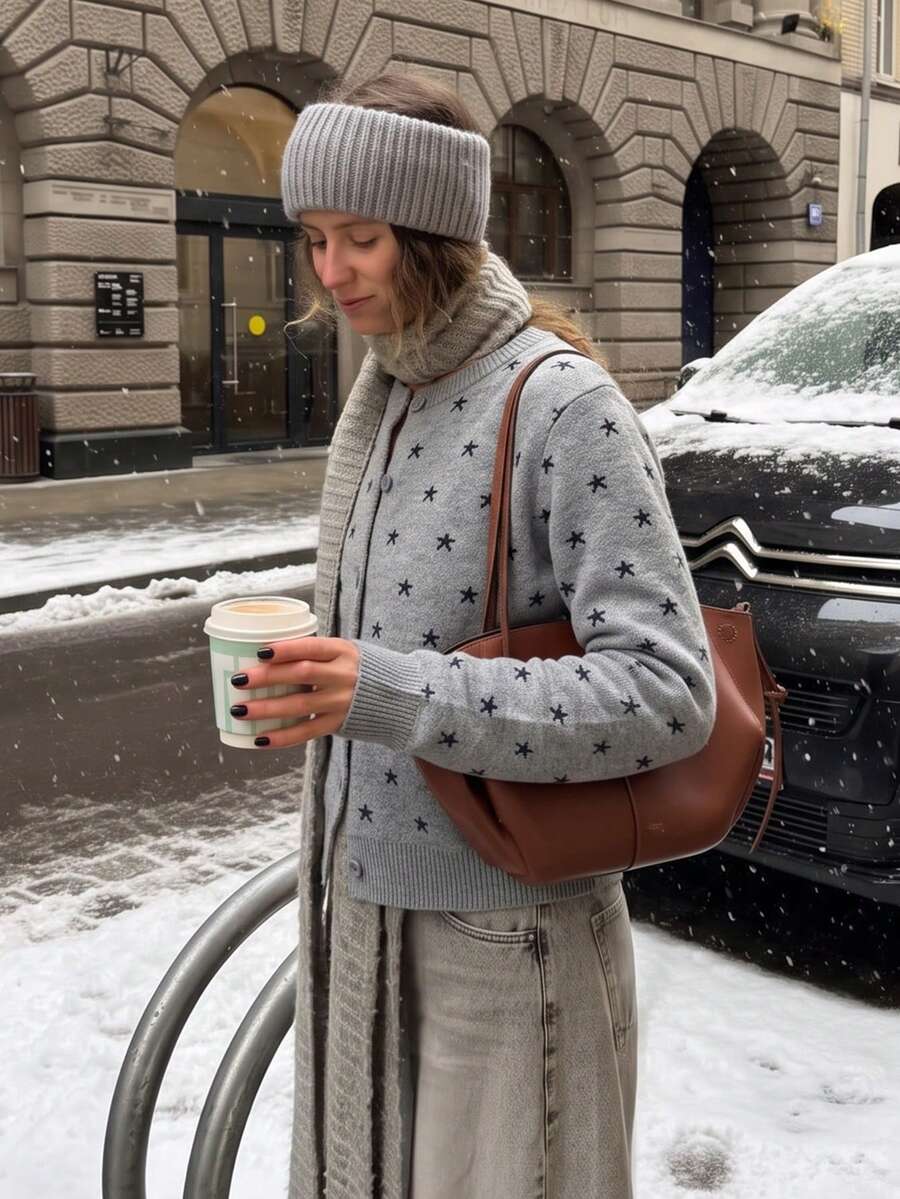 Women's Grey Star Print Cardigan Long Sleeve Round Neck Button Front Sweater Winter Fashion High Elasticity Ribbed Knit Hem Top - Grey - View 1