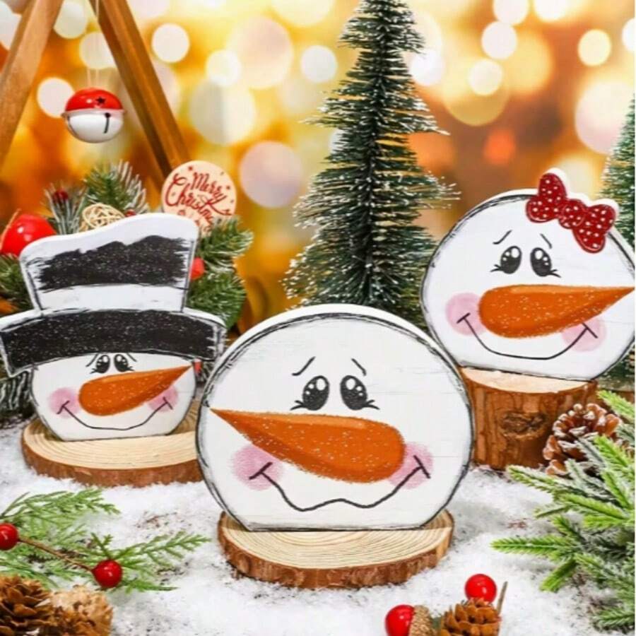 3pcs Vintage Winter Snowman Wooden Decorative Sign Plaque, Christmas Snowman Face Head Table Centerpiece, Rustic Farmhouse Style, Suitable For Home Fireplace Mantel And Desktop - A - View 1
