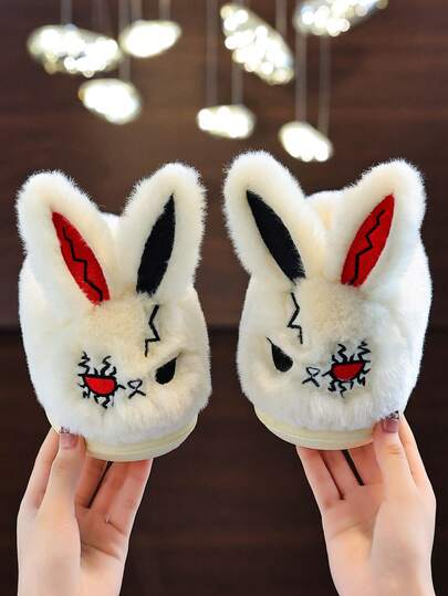Autumn/Winter New Kids Cute Cartoon Rabbit Plush Slippers, Warm Thermal Lined Thick Soft Sole Indoor House Slippers For Boys And Girls