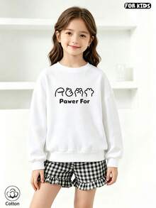 Kids Casual Cute Hoodie, Round Neck Long Sleeve With Cartoon & Text Print, Comfortable Breathable For Spring Autumn Daily Wear, Perfect Gift - White - View 3