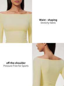 NcmRyu Women's 1pc Solid Color Off-Shoulder Base Layer Top, Fashionable Versatile Slim Fit Soft Stretchy Athletic Top, Autumn/Winter - Yellow - View 4