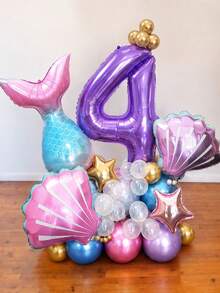 46件組美人魚主題生日氣球套裝，魚尾與貝殼造型 40英吋紫色 0-9數字鋁箔氣球，主題派對場景裝飾 - 彩色 - 查看 8