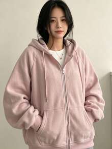 YCYC 女款秋冬純色落肩長袖休閒寬鬆抽繩抓絨衛衣 - 淺粉色 - 查看 3