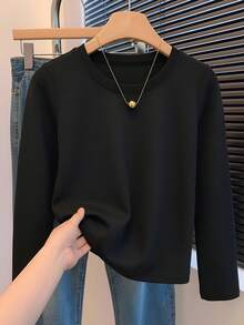 Black Round Neck Long Sleeve T-Shirt Women's Autumn New Slim Fit Short Length Elastic Base Layer Versatile All-Match Top - Black - View 4