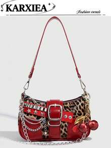 Y2K Fashion Versatile Star & Moon Design Unique Silver Millennium Shoulder Chain Crossbody Bag, - Red - View 2