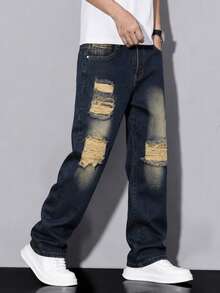 Boys Casual Elastic Waist Distressed Tapered Jeans, All Season - Medium Wash - View 4