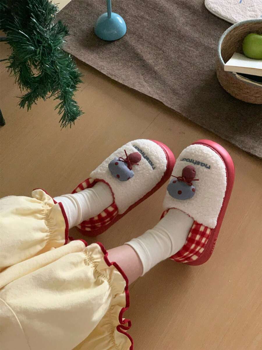 XIXITIAO Cute Color Block Small Mushroom Closed Back Slippers For Women, Warm Fuzzy Home Maternity Slippers - Red - View 1
