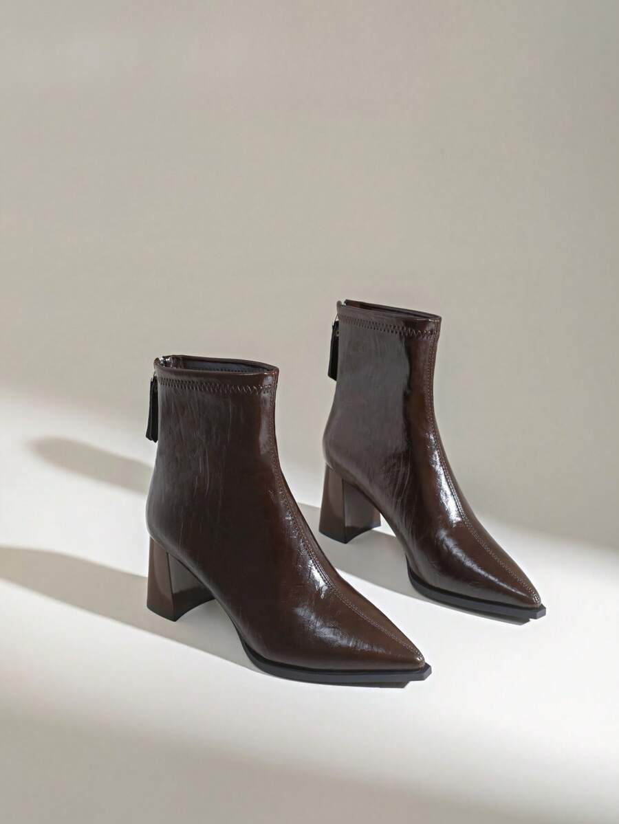 2026 New Pointed Toe Chunky Heel Women's Ankle Boots, Height-Increasing Versatile Ankle Boots, Autumn/Winter New Fashion Back Zipper Ankle Boots