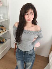 Korean Style Women's Cold Shoulder Ruffle Long Sleeve Top, Knitted Fabric, Slightly Elastic, Regular Fit, Suitable For Autumn Wear - Grey - View 4
