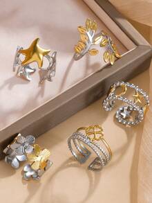 1/5pcs Color Block Stainless Steel Open Rings, Fashionable Women's Rust-Proof Rings, Durable Dual-Tone Rings, Suitable For Daily Wear - Color Block - View 4